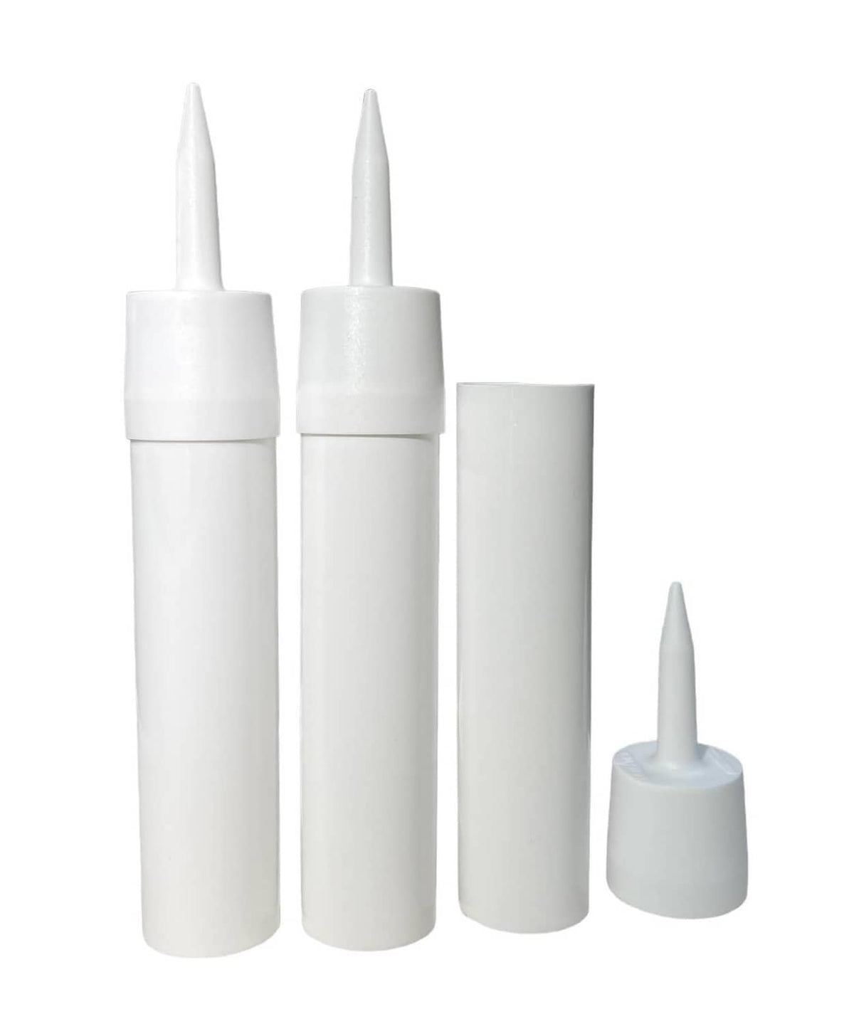 White refillable caulk cartridges with pointed nozzle tips and removable caps