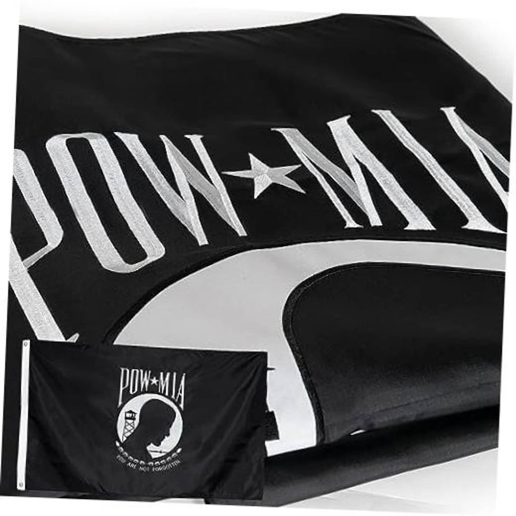 Outdoor POW/MIA flag, black with white embroidered lettering and POW*MIA emblem