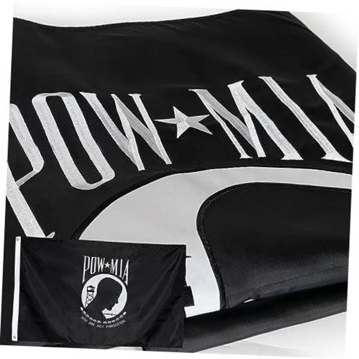 Outdoor POW/MIA flag, black with white embroidered lettering and POW*MIA emblem