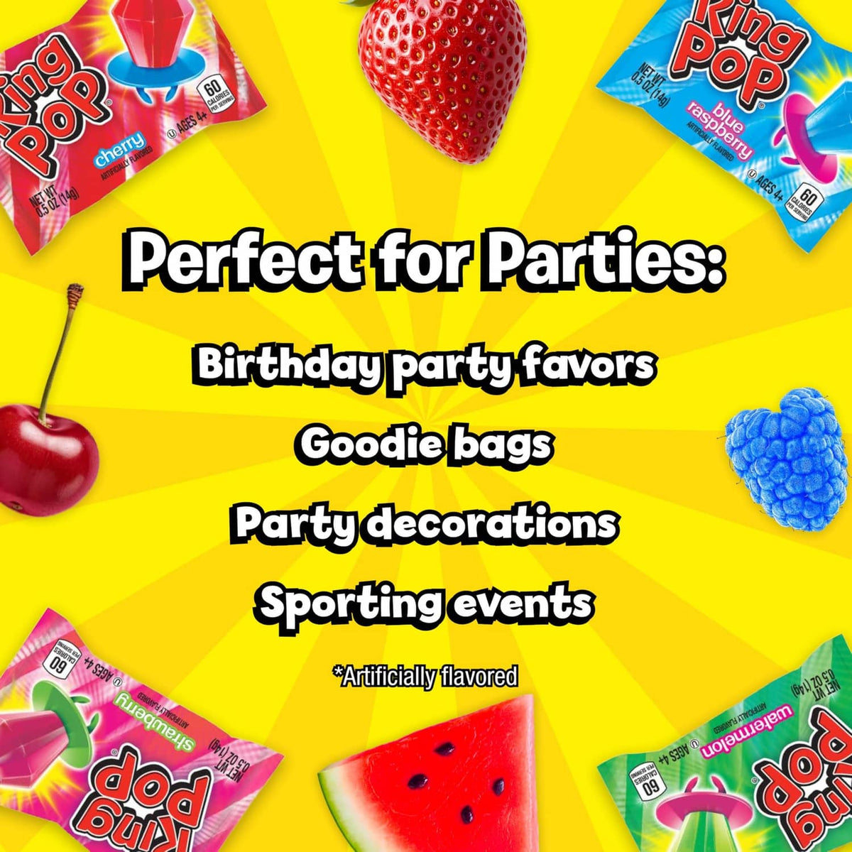 Assorted Ring Pop lollipops with strawberry, cherry, and blue raspberry flavors