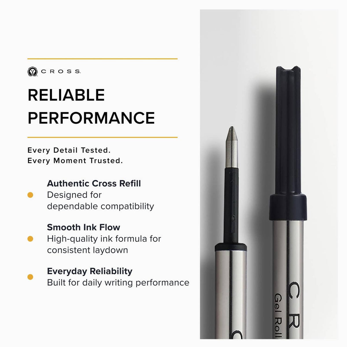 Black and silver gel rollerball refill cartridges with pen tip visible