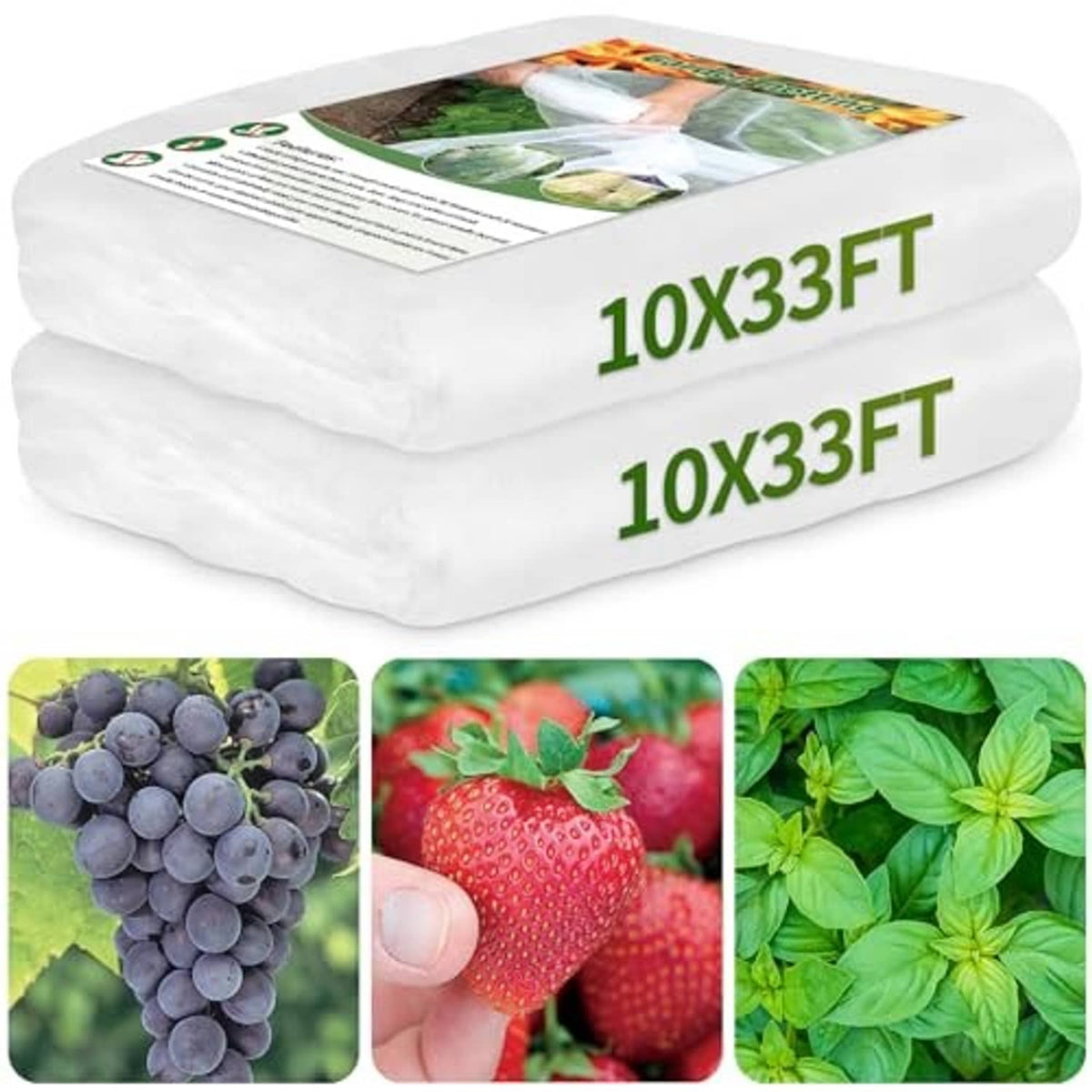 Two-pack ultra-fine garden netting rolls in white packaging, 10x33FT sizing printed