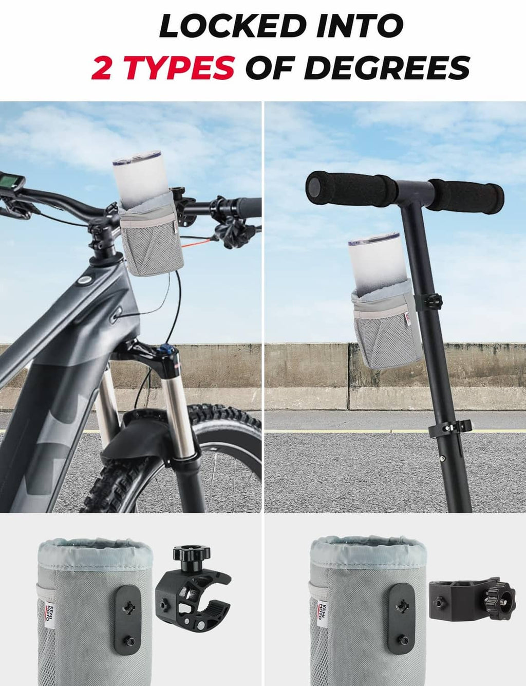 Motorcycle cup holder mounted on handlebar, gray pouch with strap closure