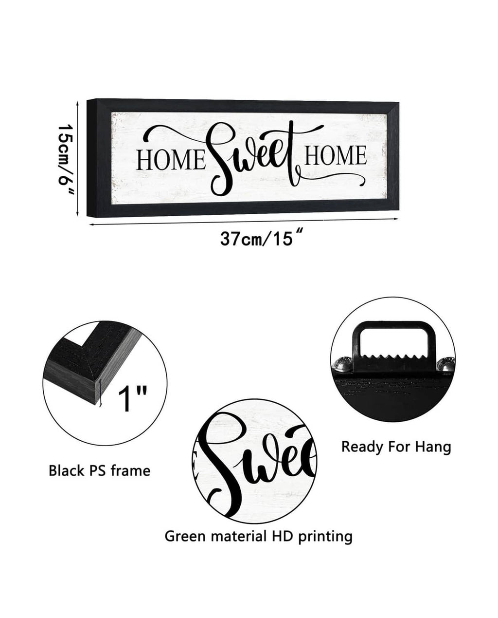 “HOME Sweet HOME” wall sign, 15 in x 37 cm, black plastic frame, ready to hang