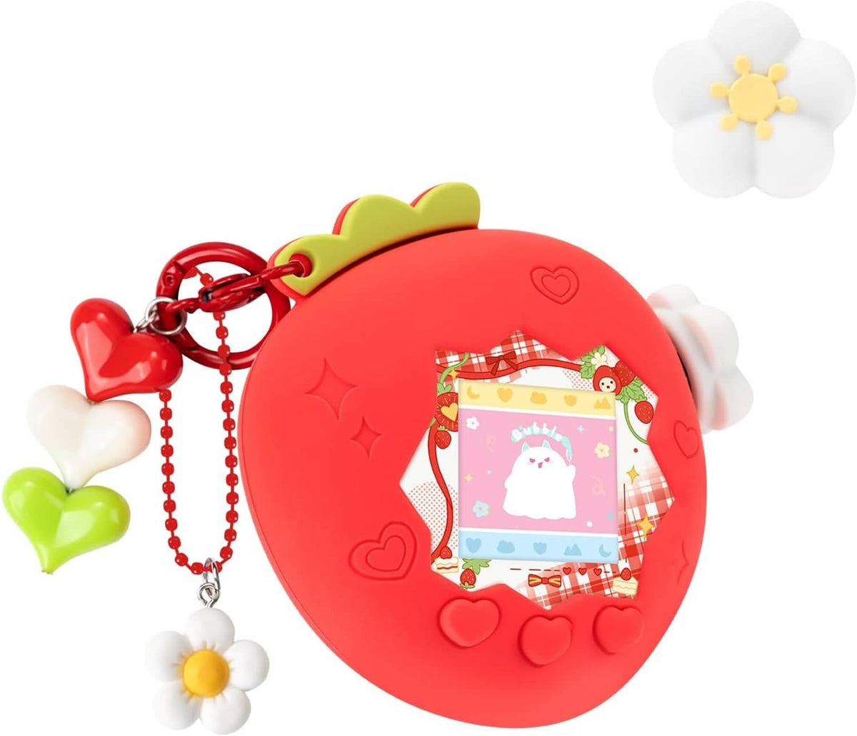 Red soft TPU bubble protective case with heart pattern and window for Tamagotchi device