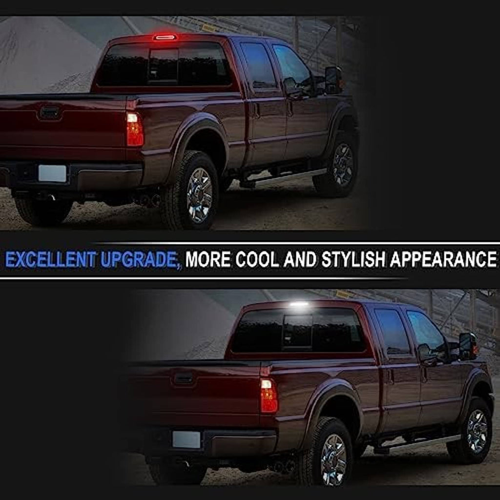 Smoked LED third brake light on pickup, night view with red brake illumination