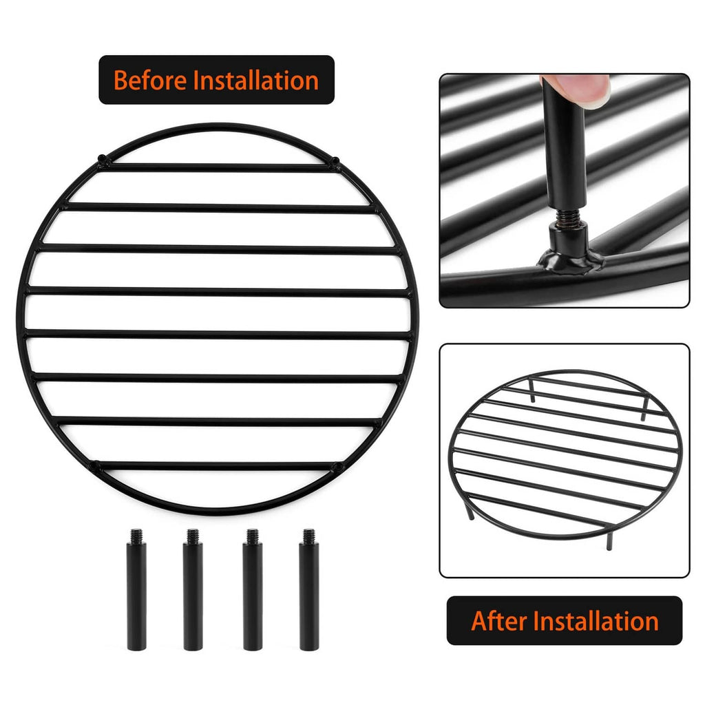 Black round fire pit grate with slats and four separate legs for installation