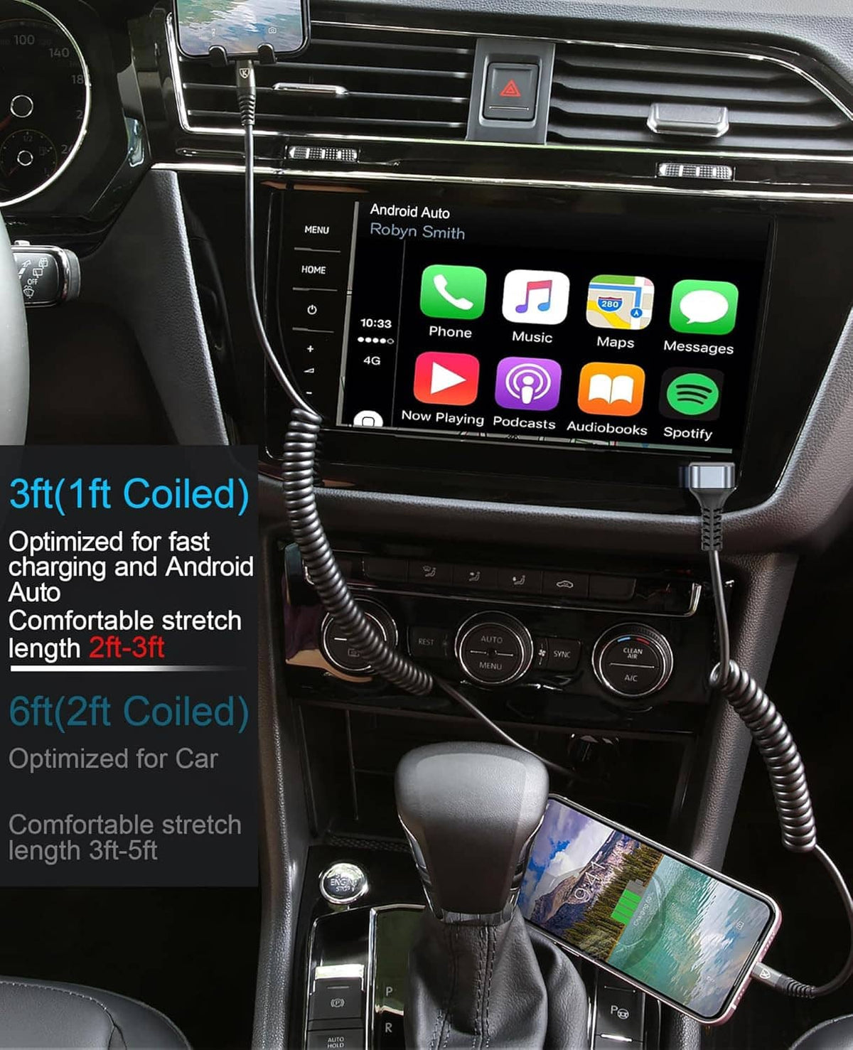 Coiled 90-degree USB-A to USB-C cable in car console, black with plug ends