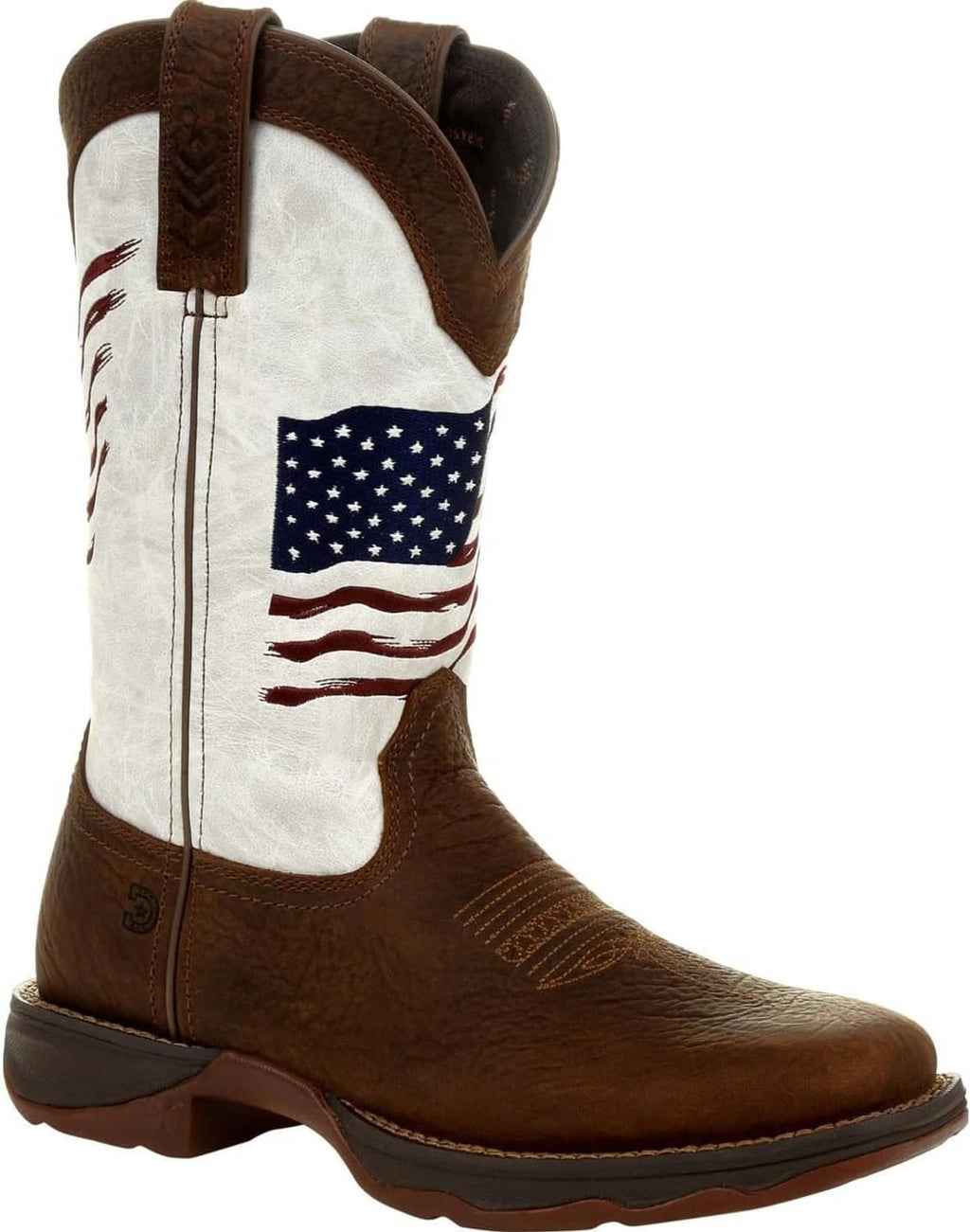 Women’s western boot with distressed U.S. flag embroidery and brown leather shaft panels.
