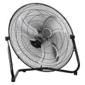 Black 18-inch metal floor fan with wire grille and three-blade hub