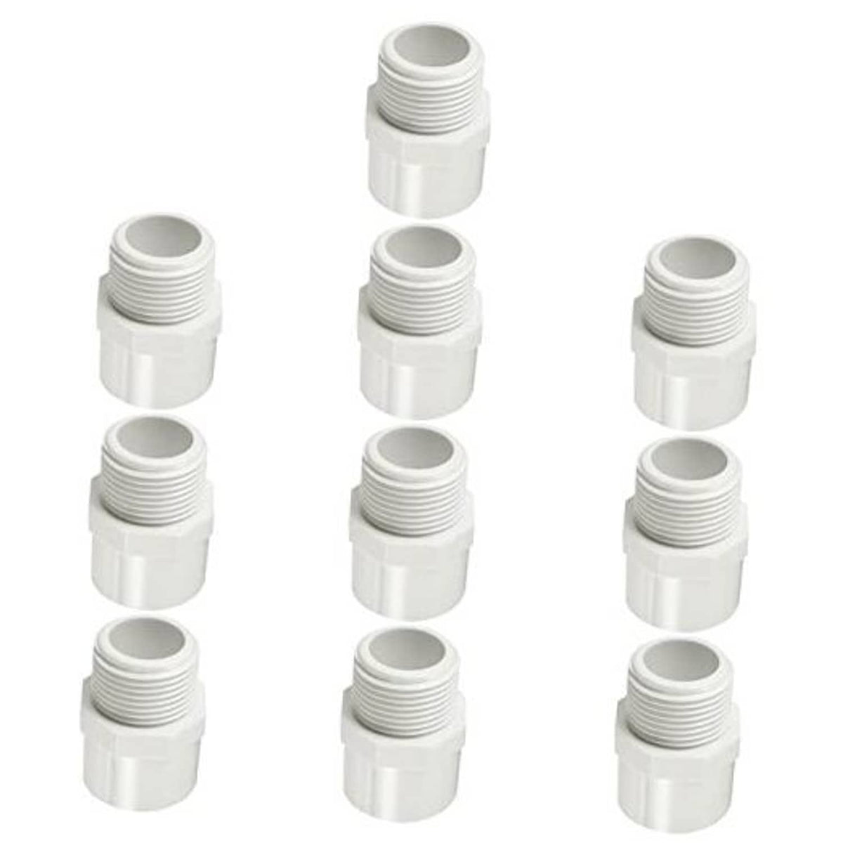 Set of white PVC male NPT threaded adapter union couplings