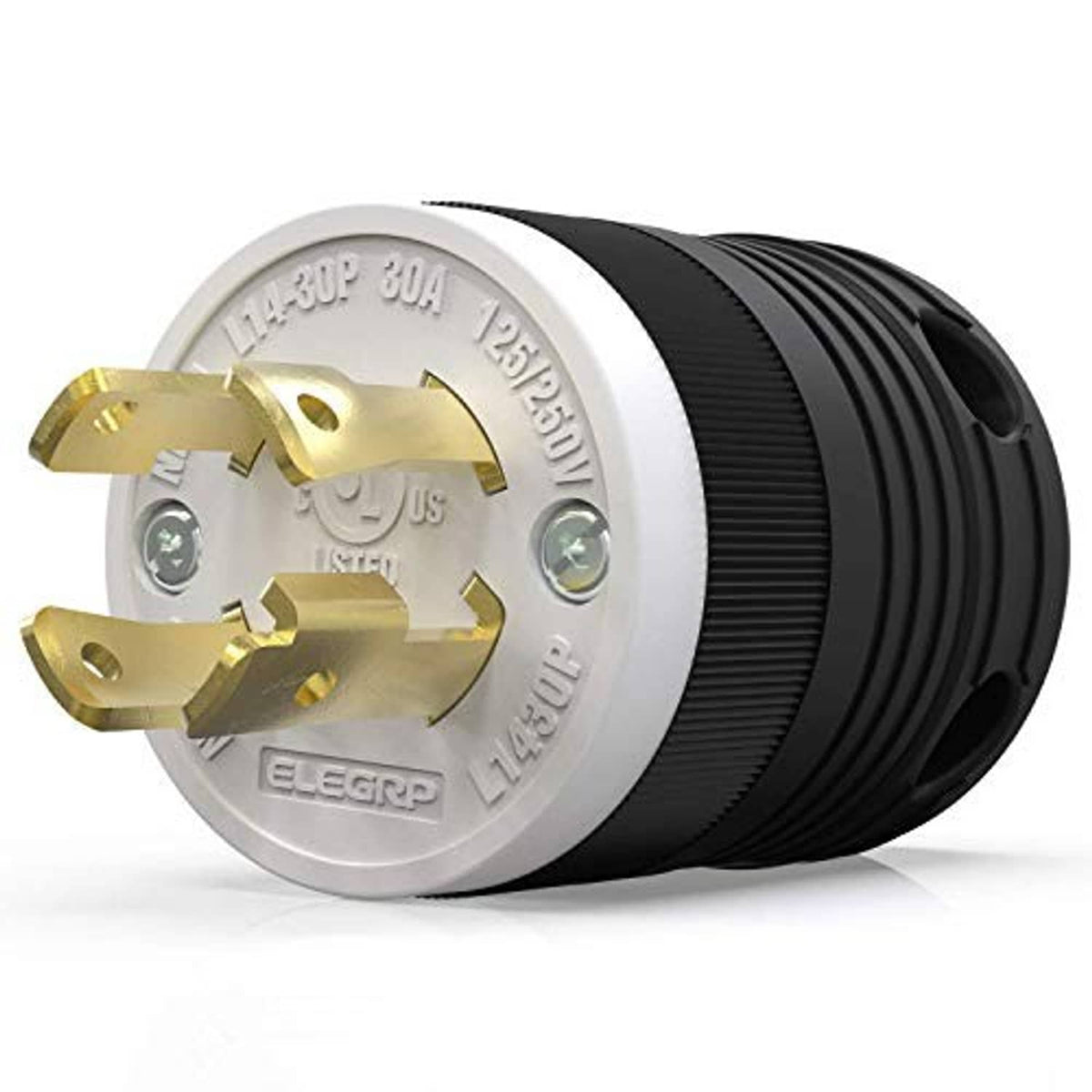 NEMA L14-30P locking male plug, gold terminals on silver face with black ribbed housing