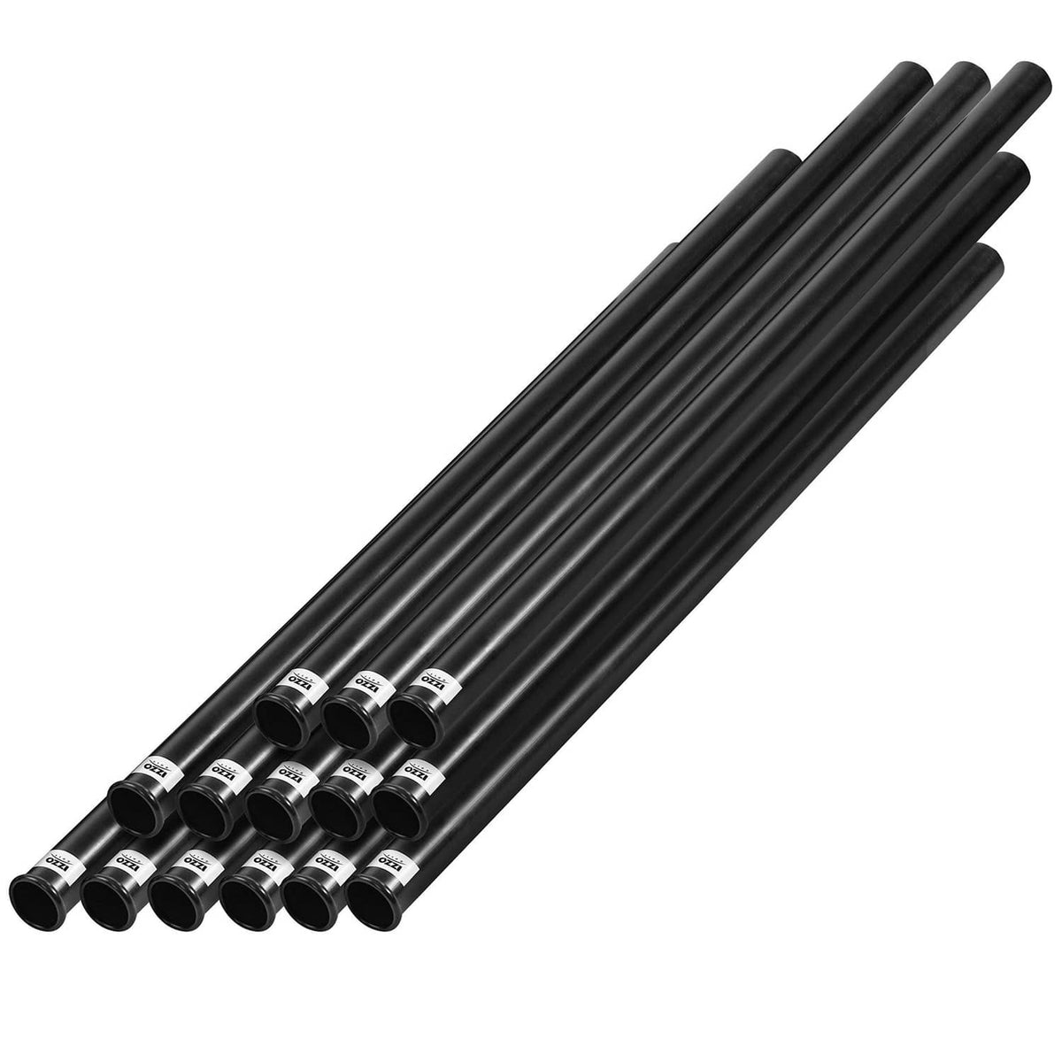 Black plastic golf club tubes with open ends and white IZZO labels