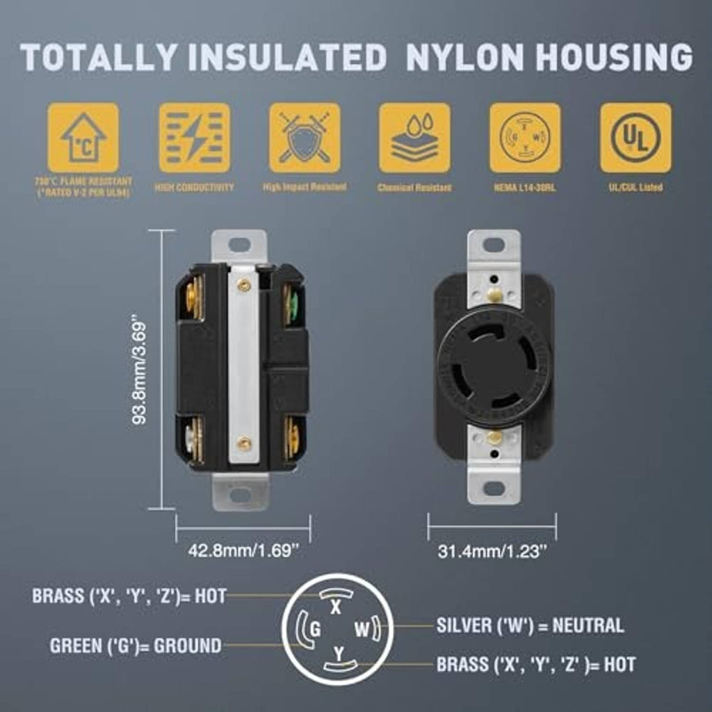 Black nylon L14-30RL locking receptacle with silver mounting ears, front and rear view