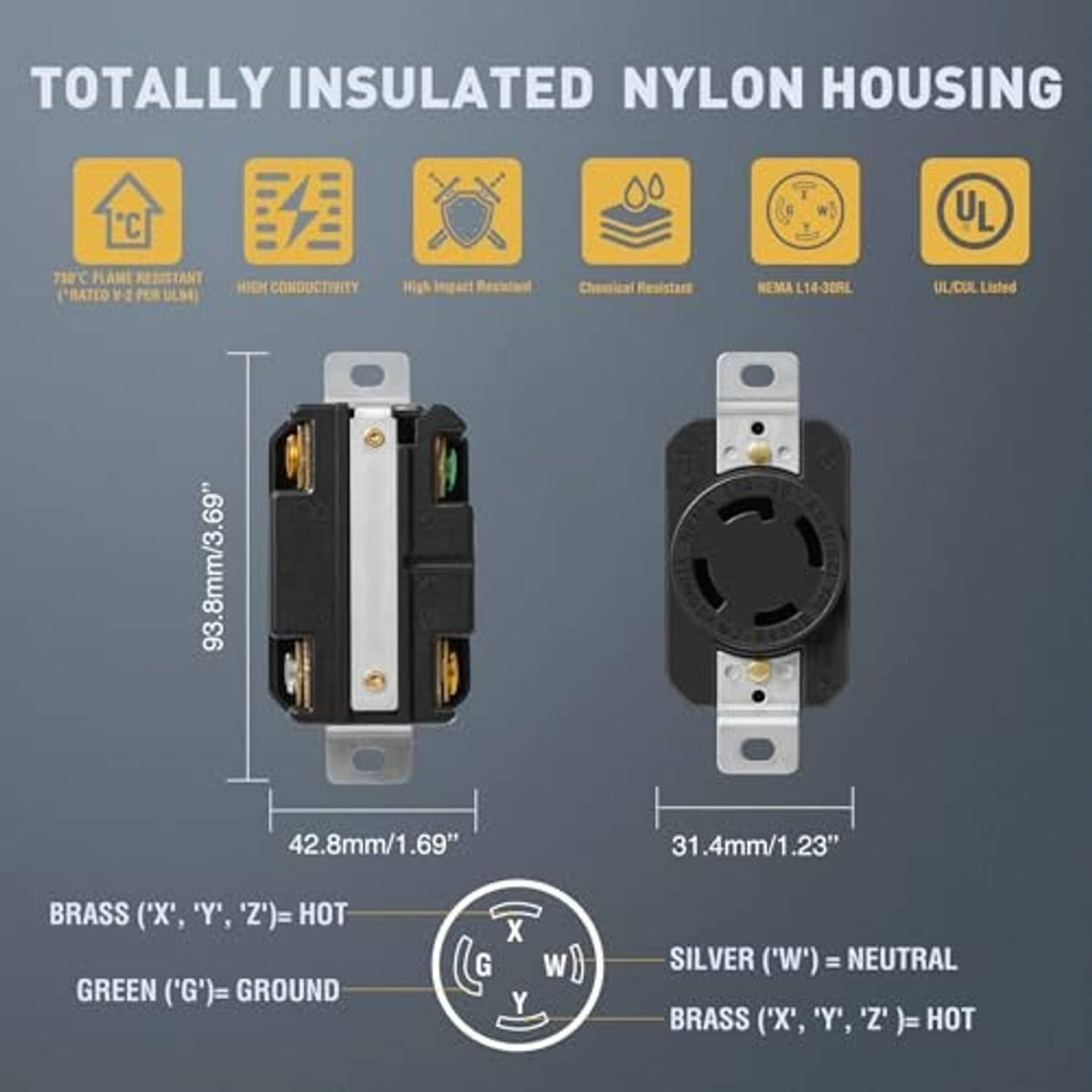 Black nylon L14-30RL locking receptacle with silver mounting ears, front and rear view