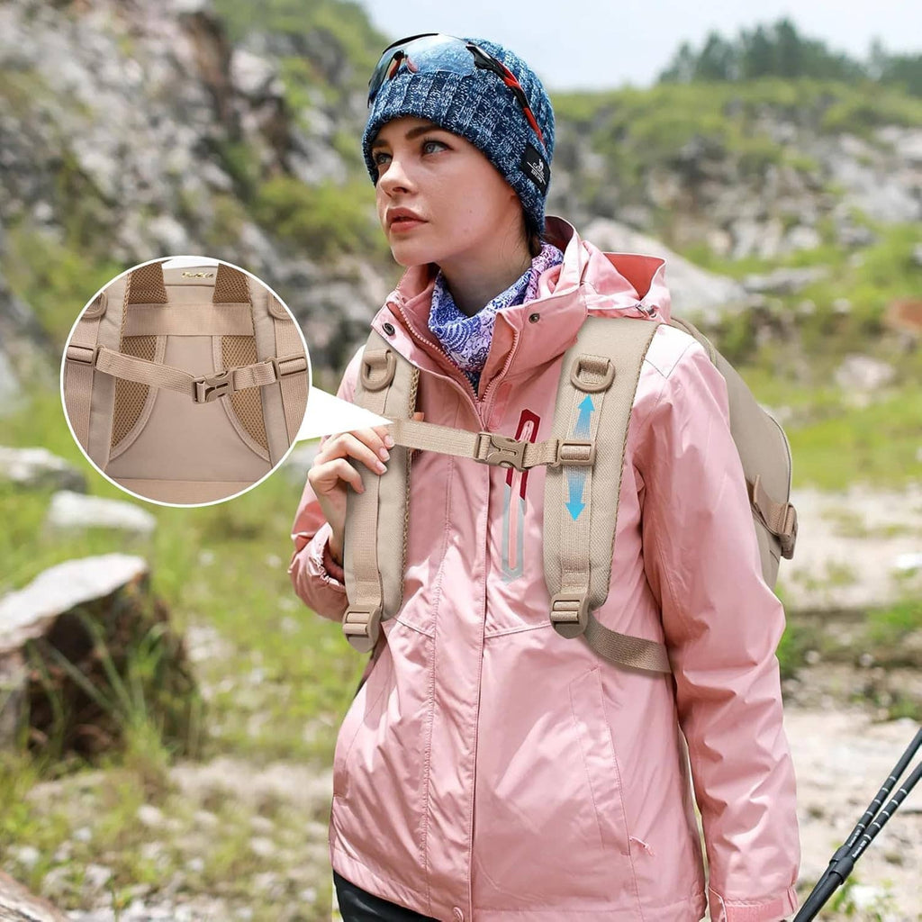 Beige travel backpack on a person with adjustable straps and top carry handle