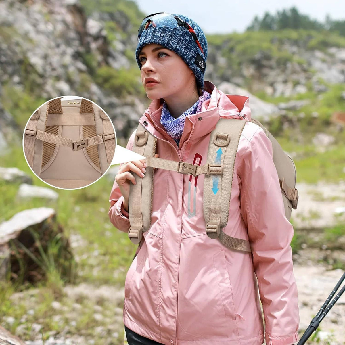 Beige travel backpack on a person with adjustable straps and top carry handle