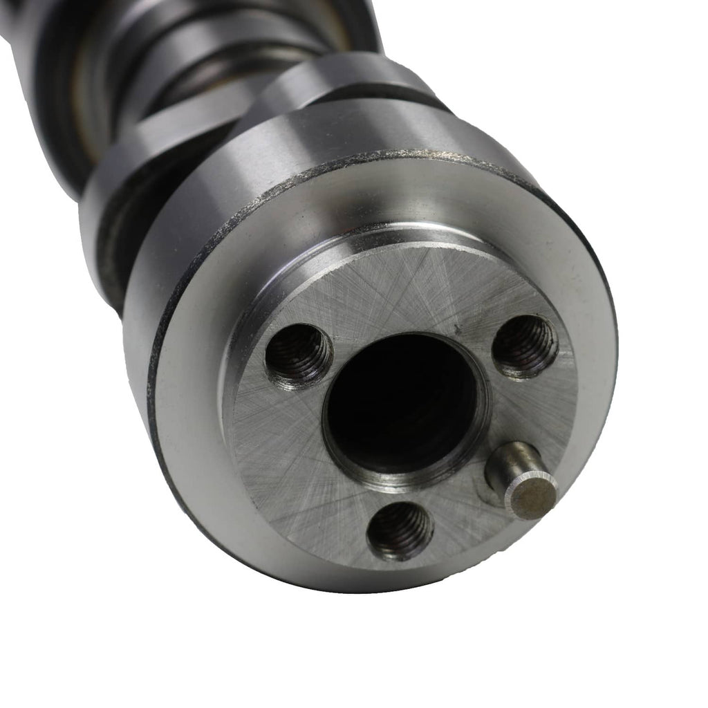 Camshaft front housing with two threaded holes and central bore, steel surface finish