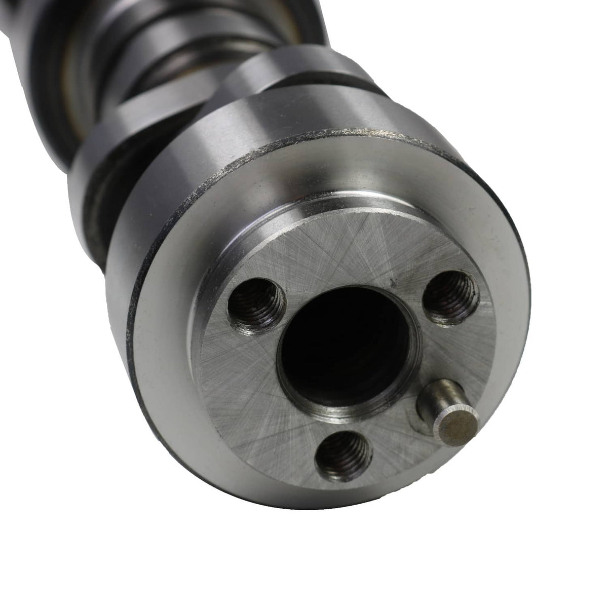 Camshaft front housing with two threaded holes and central bore, steel surface finish