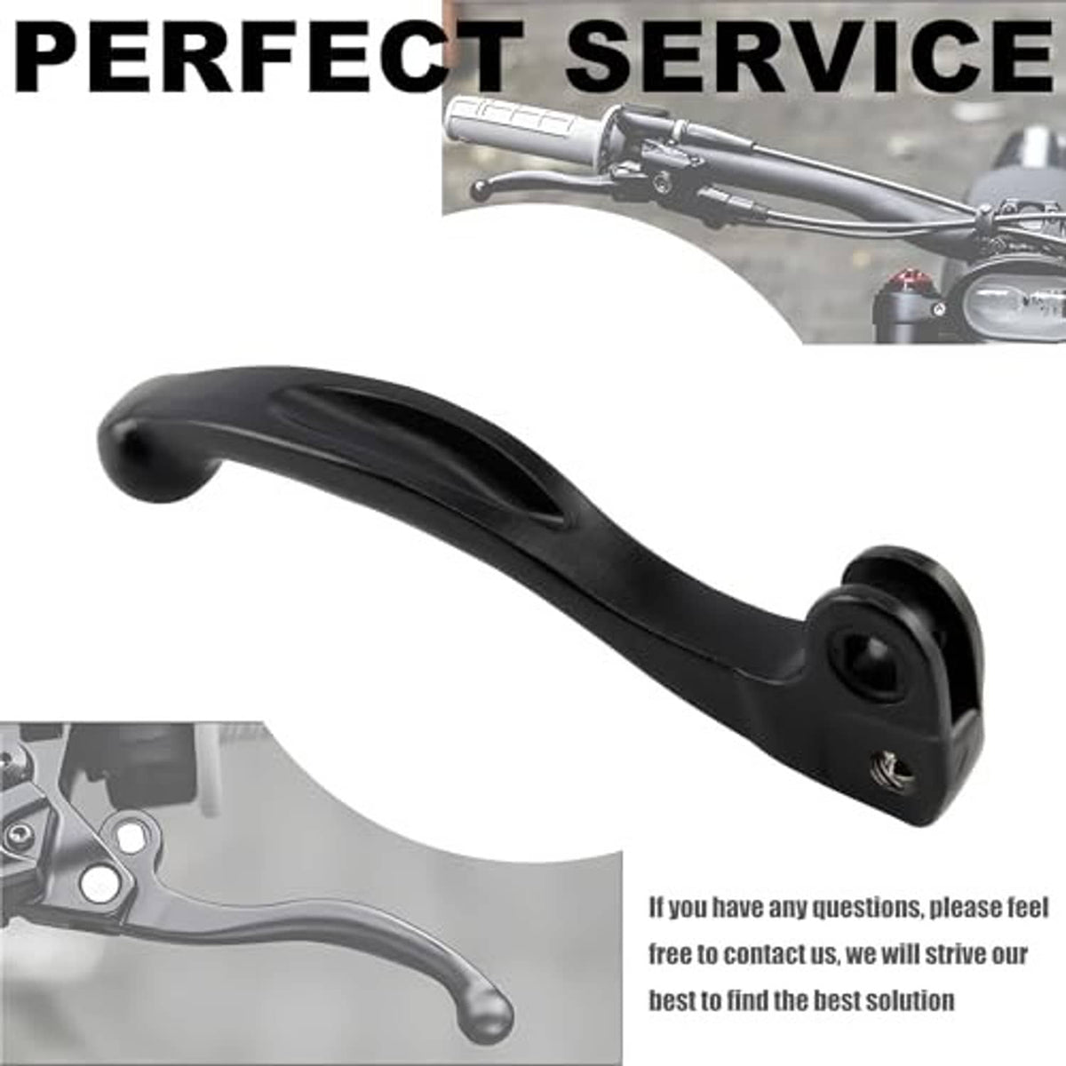 Black brake lever with smooth curved handle and pivot bolt, replacement motorcycle lever
