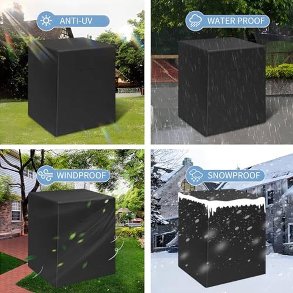 Black AC unit cover displayed in anti-UV, waterproof, windproof, and snowproof settings
