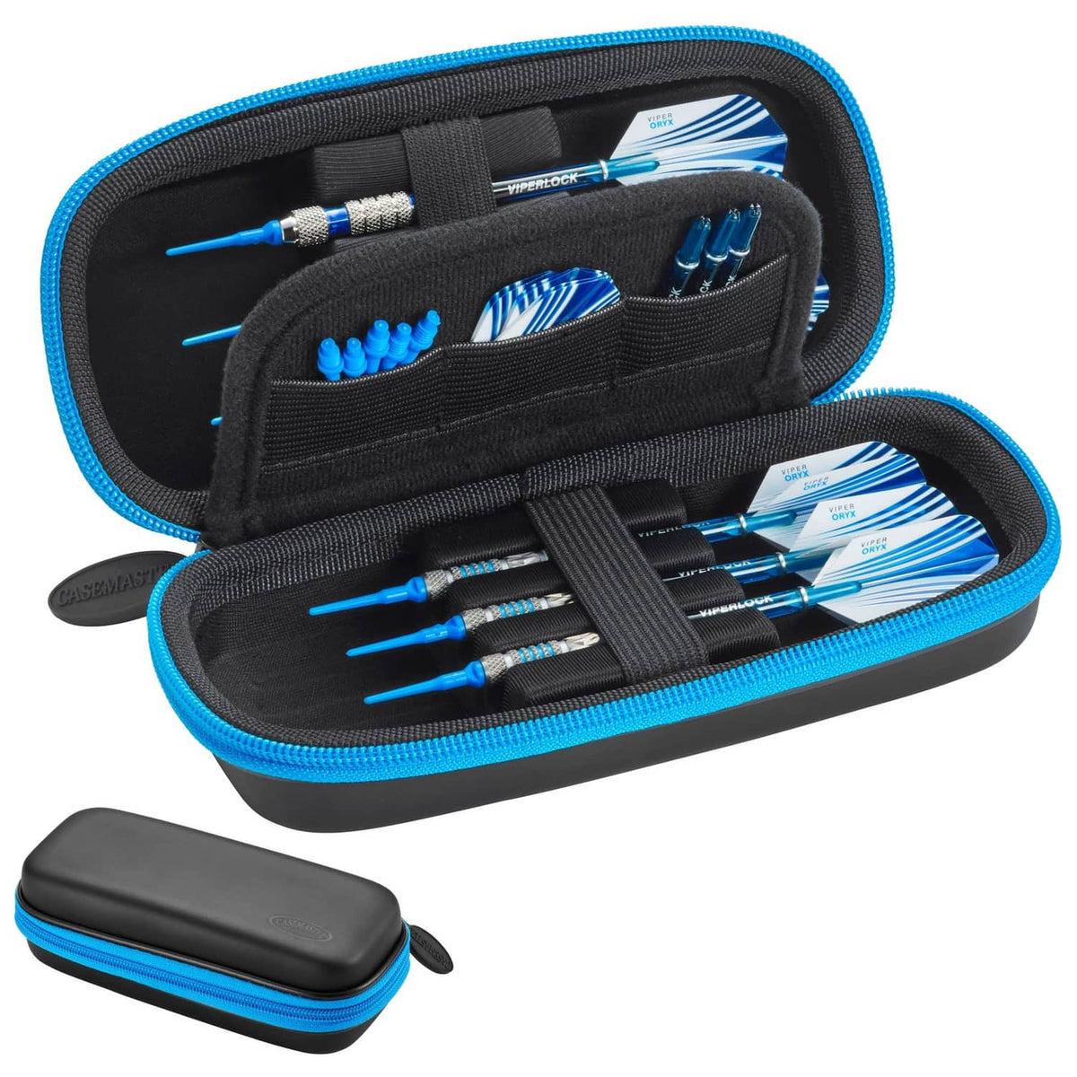 Black slim dart case with blue trim, open compartments for darts, tips, and accessories.