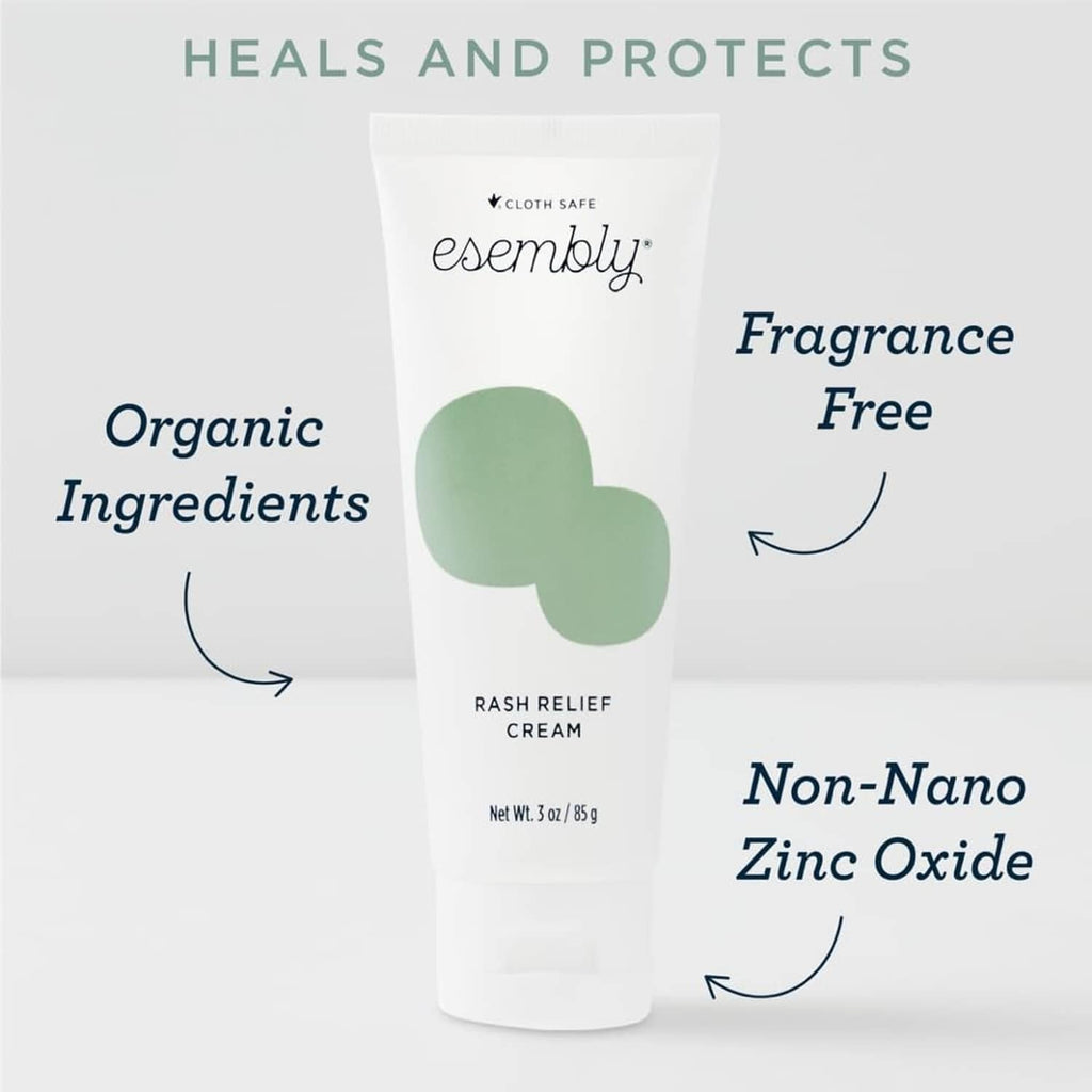 Esembly rash relief cream tube with green logo on white