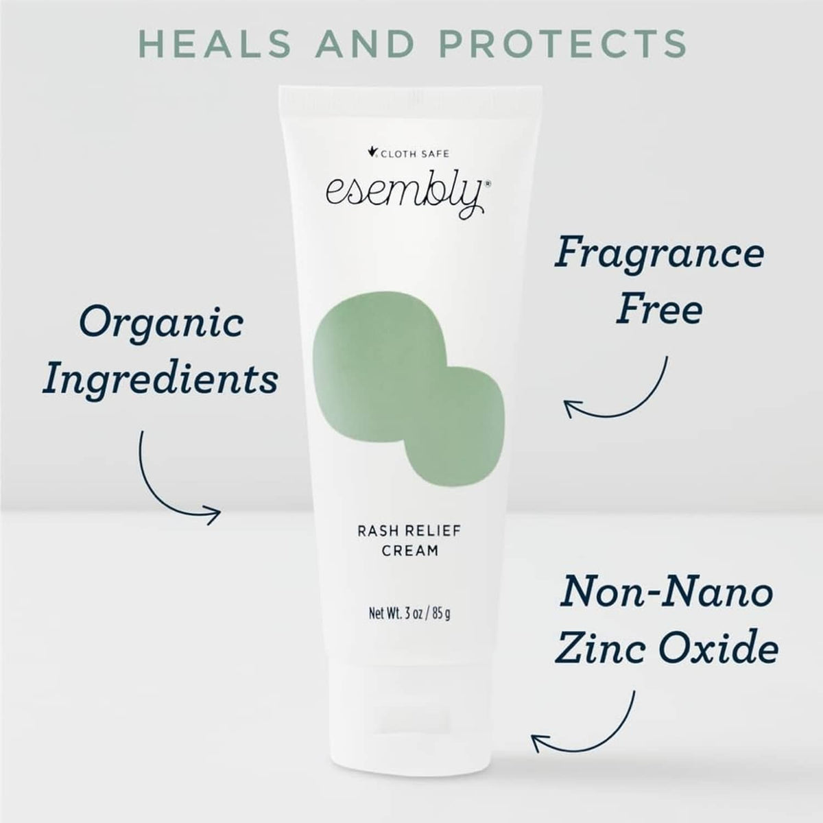Esembly rash relief cream tube with green logo on white