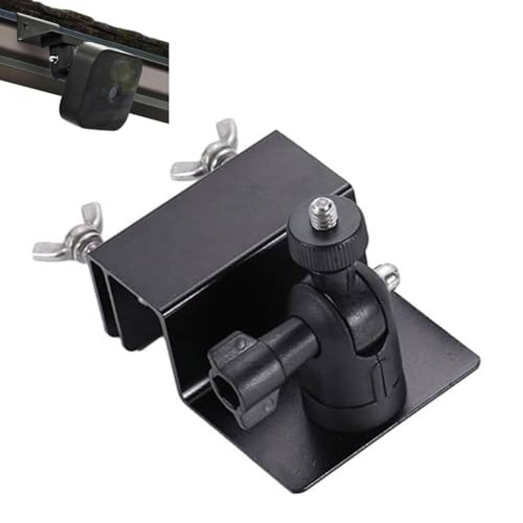 Black solar panel gutter mount with clamp arm, knob adjuster, and screw hardware