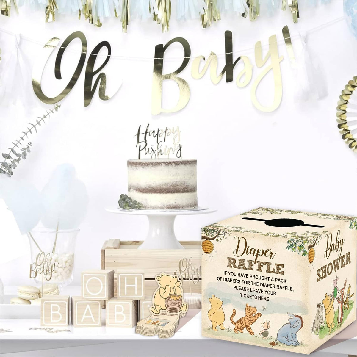 Diaper raffle box on baby shower table with teddy bear artwork