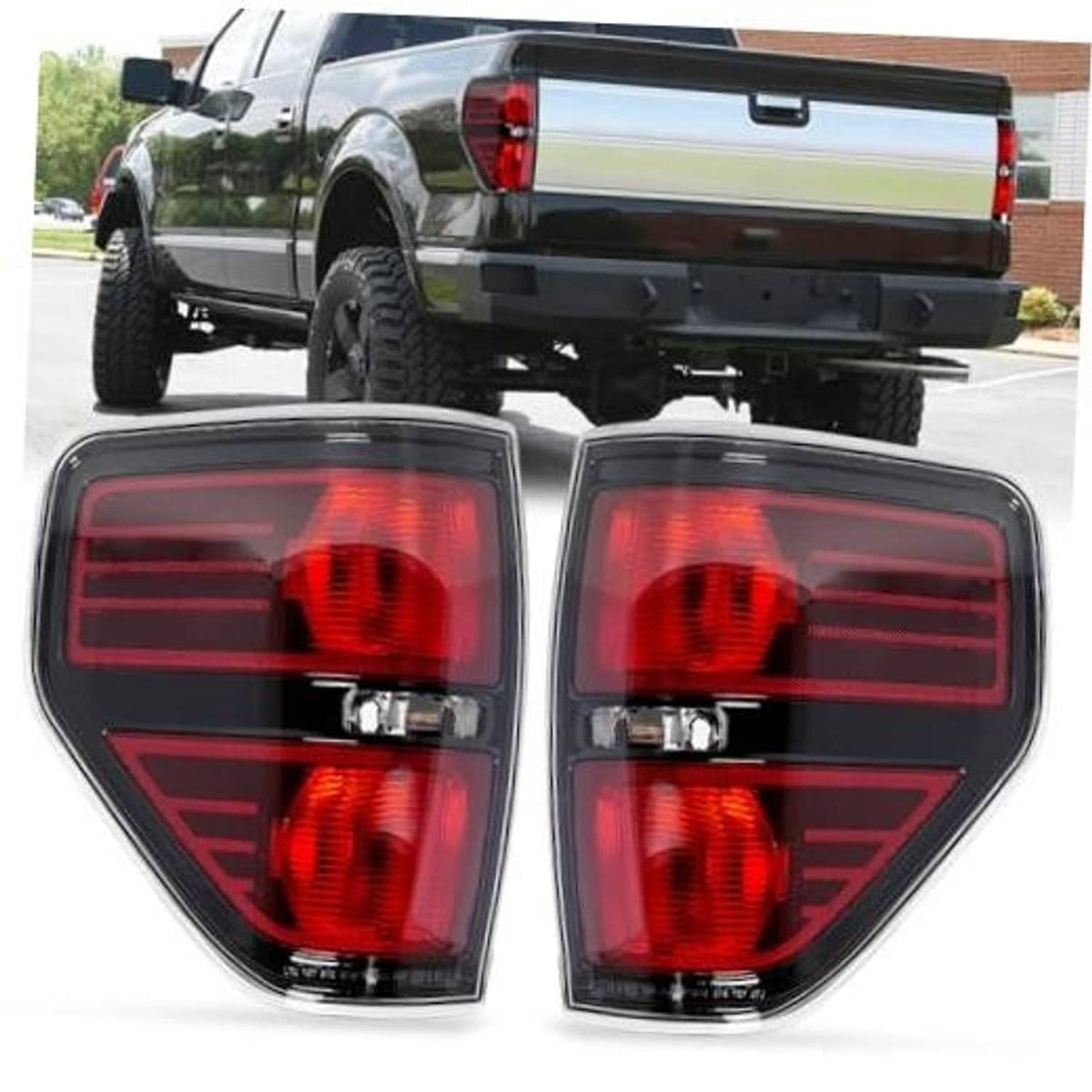 Rear tail light assemblies with black housing and red lenses, chrome-edged, pair