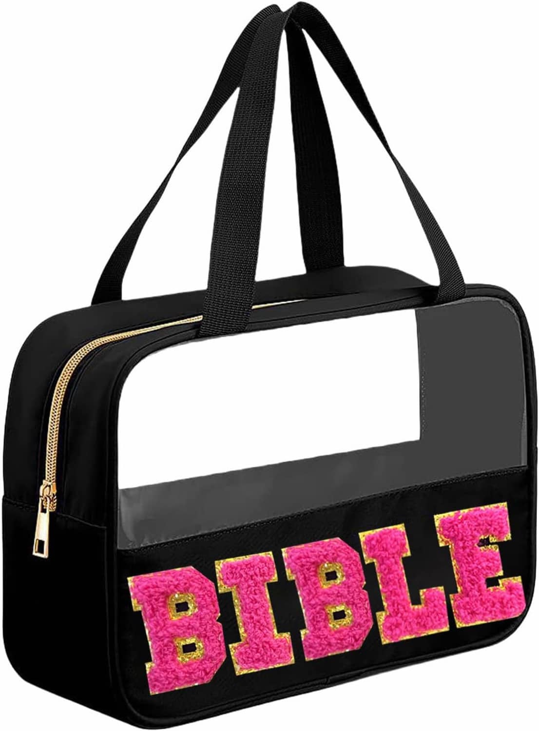 Black duffel Bible bag with pink 'BIBLE' chenille letters, front zipper, top handles.