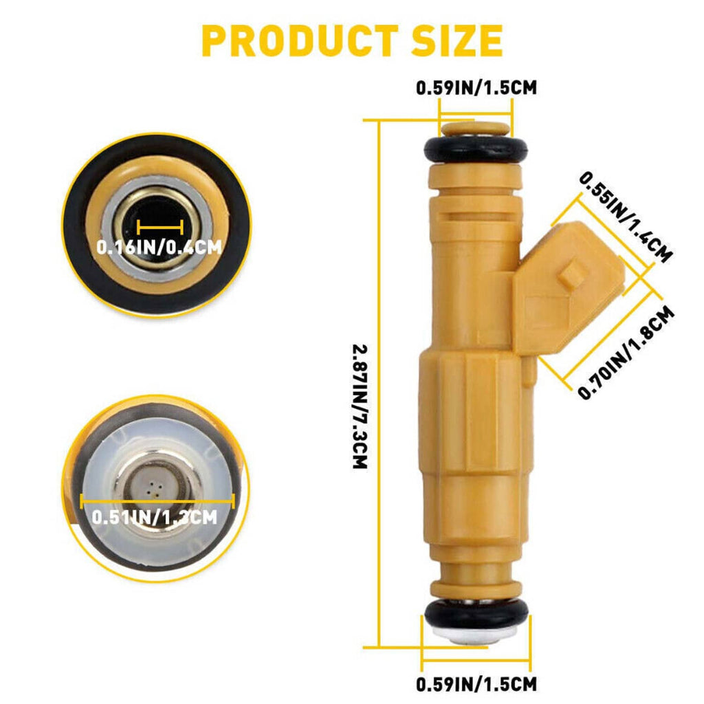 Fuel injector with two circular seals and nozzle body, shown with size markers