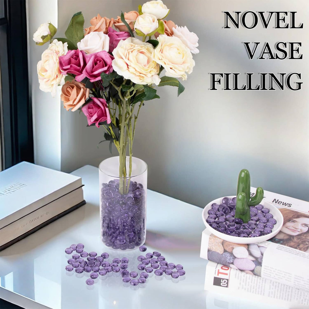 Purple glass gems filling a clear vase for decorative flower arrangements