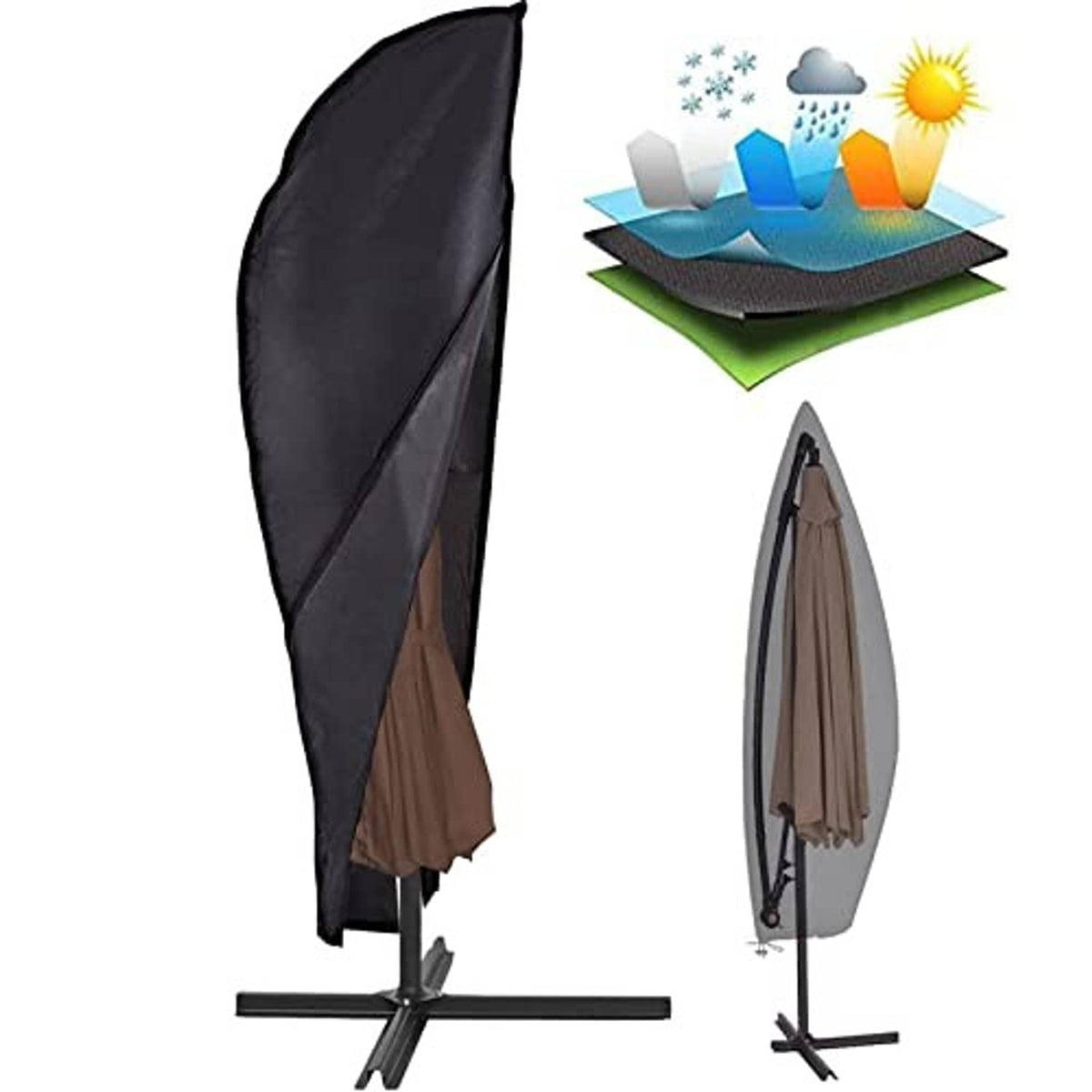 Black offset umbrella cover with tapered shape, draped over an umbrella stand