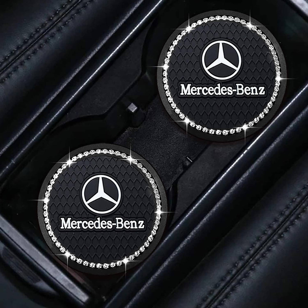 Black oval car cup holder coaster with Mercedes-Benz logo and rhinestone outer edge