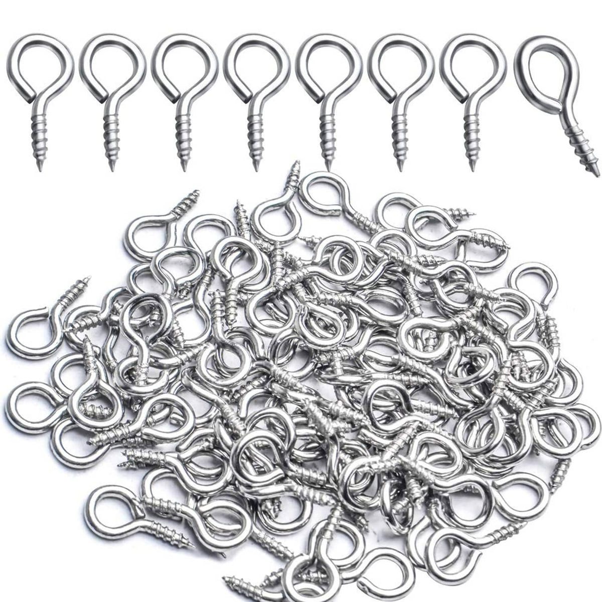 Small metal eye screw hooks in silver tone, each with a looped eye and threaded shank