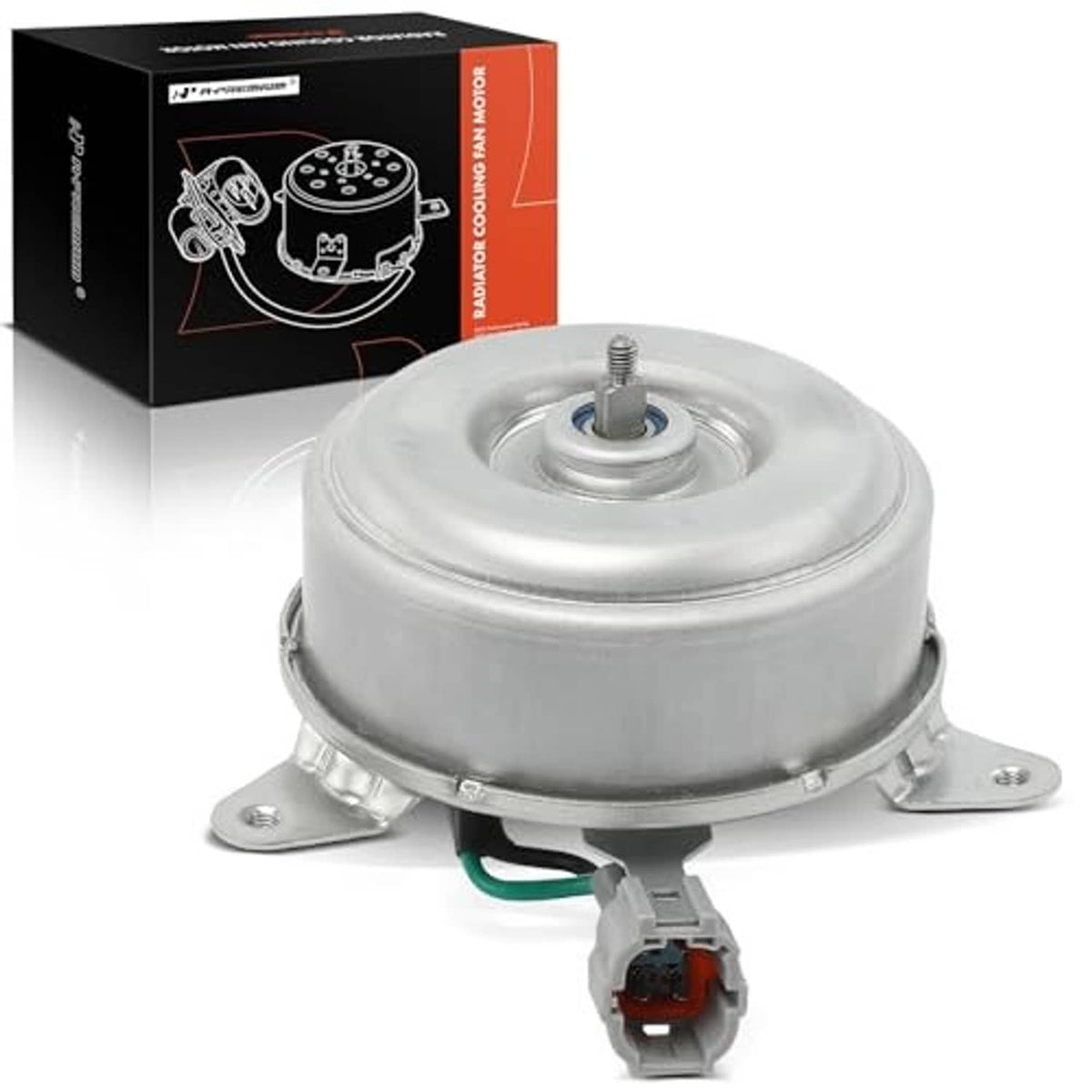 Radiator cooling fan motor assembly with round housing, base tabs, and plug connector