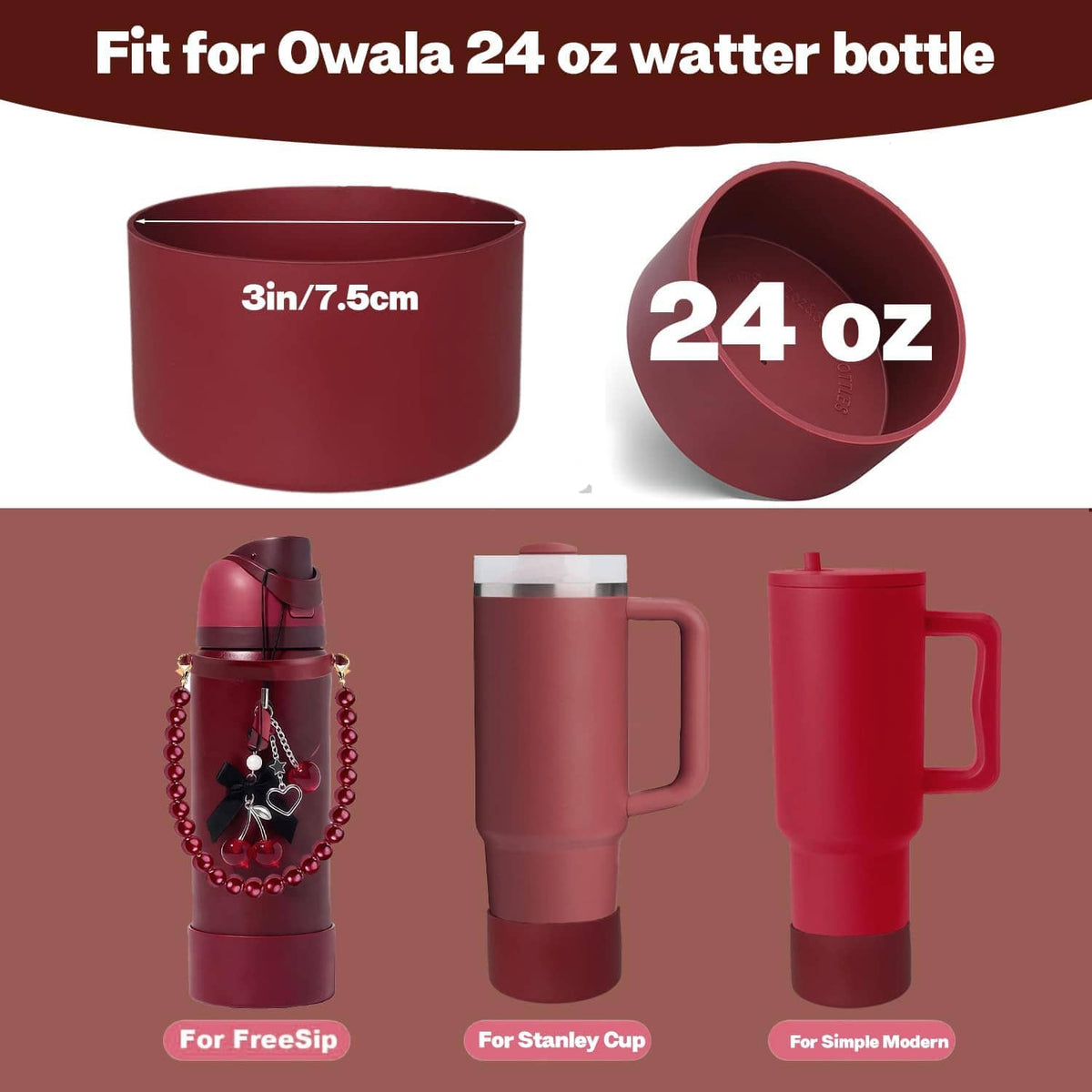 Maroon water bottle boot and base cup set with pearl-bead charm handle