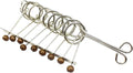 Metal linked ring puzzle with curved bars and five wooden bead rows, tabletop game