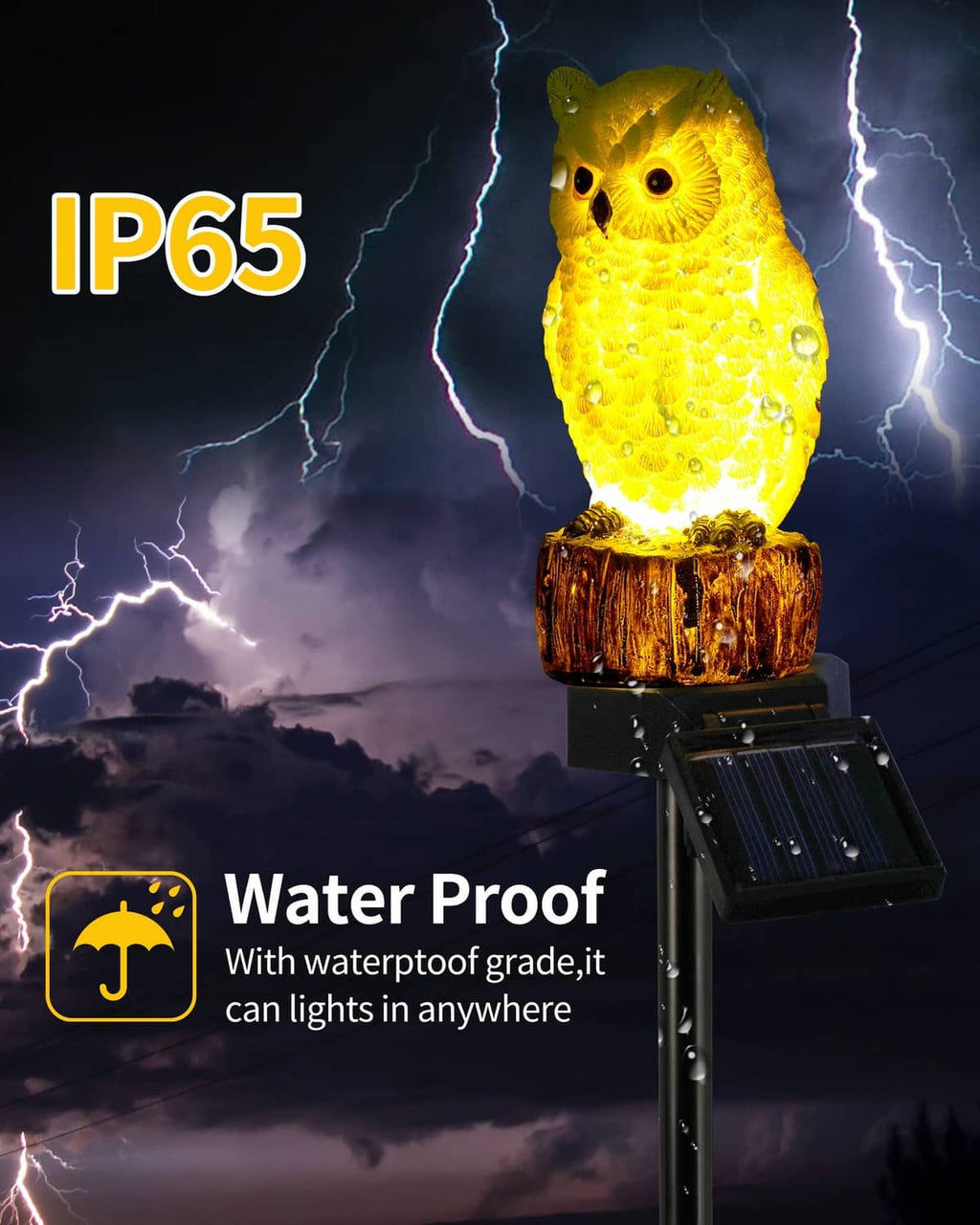 Glowing yellow owl solar garden stake light on log base with solar panel stake