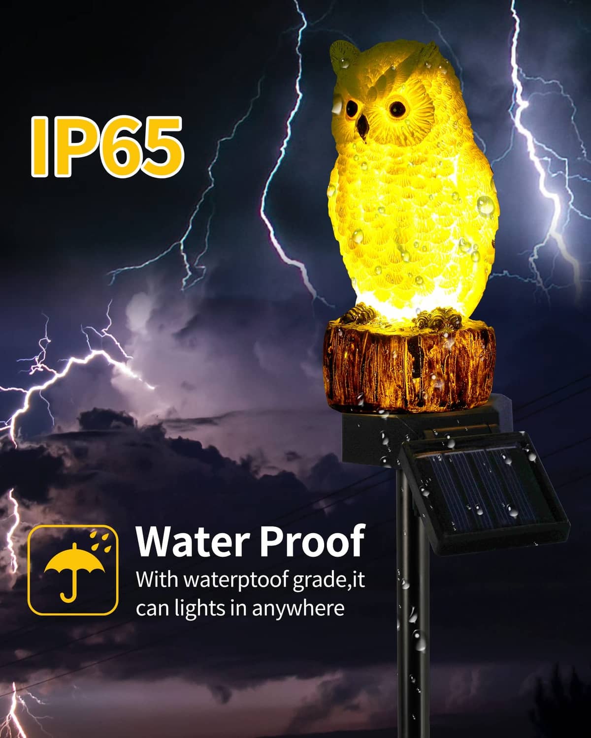 Glowing yellow owl solar garden stake light on log base with solar panel stake