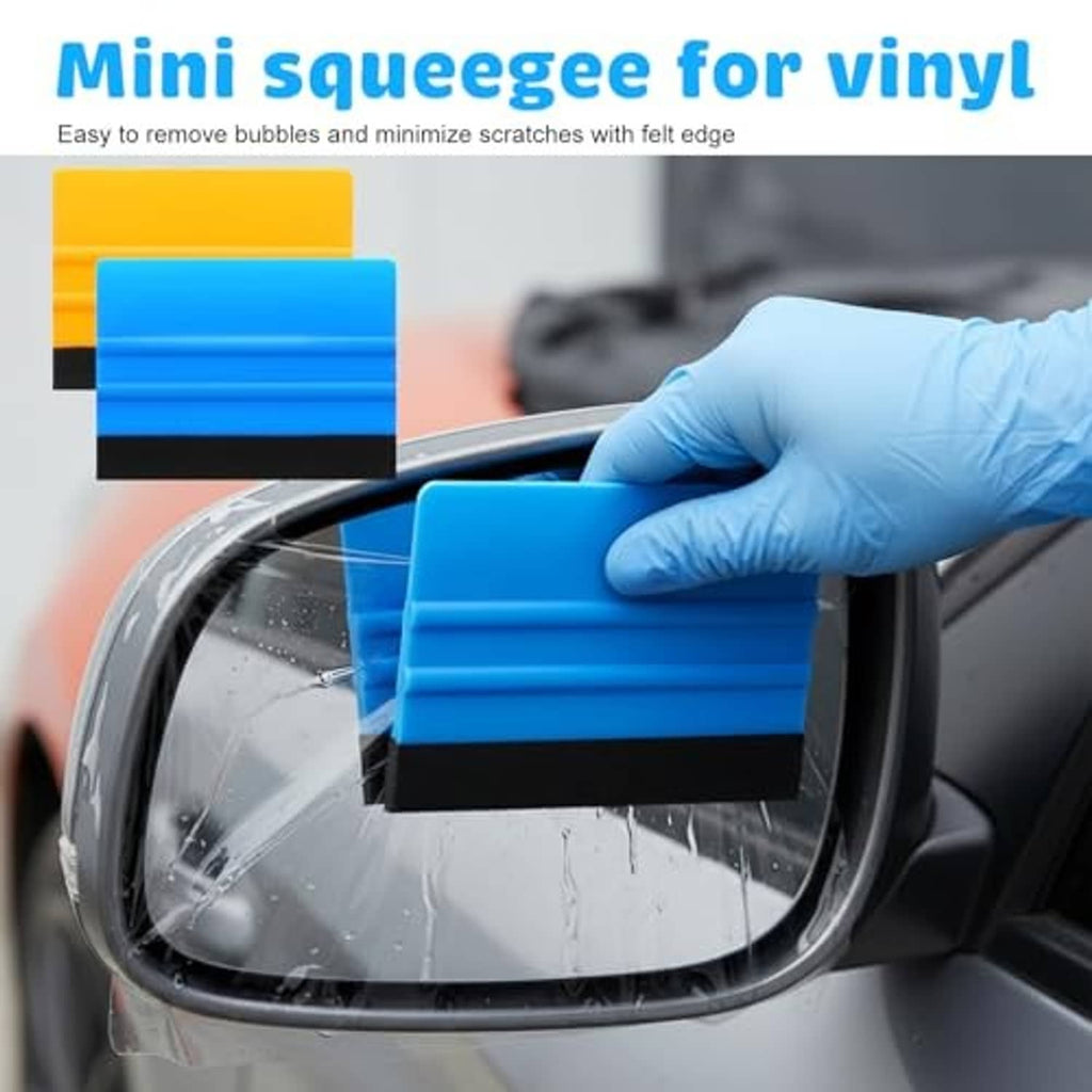 Blue felt-edge vinyl squeegee in use on a vehicle window with gloved hand