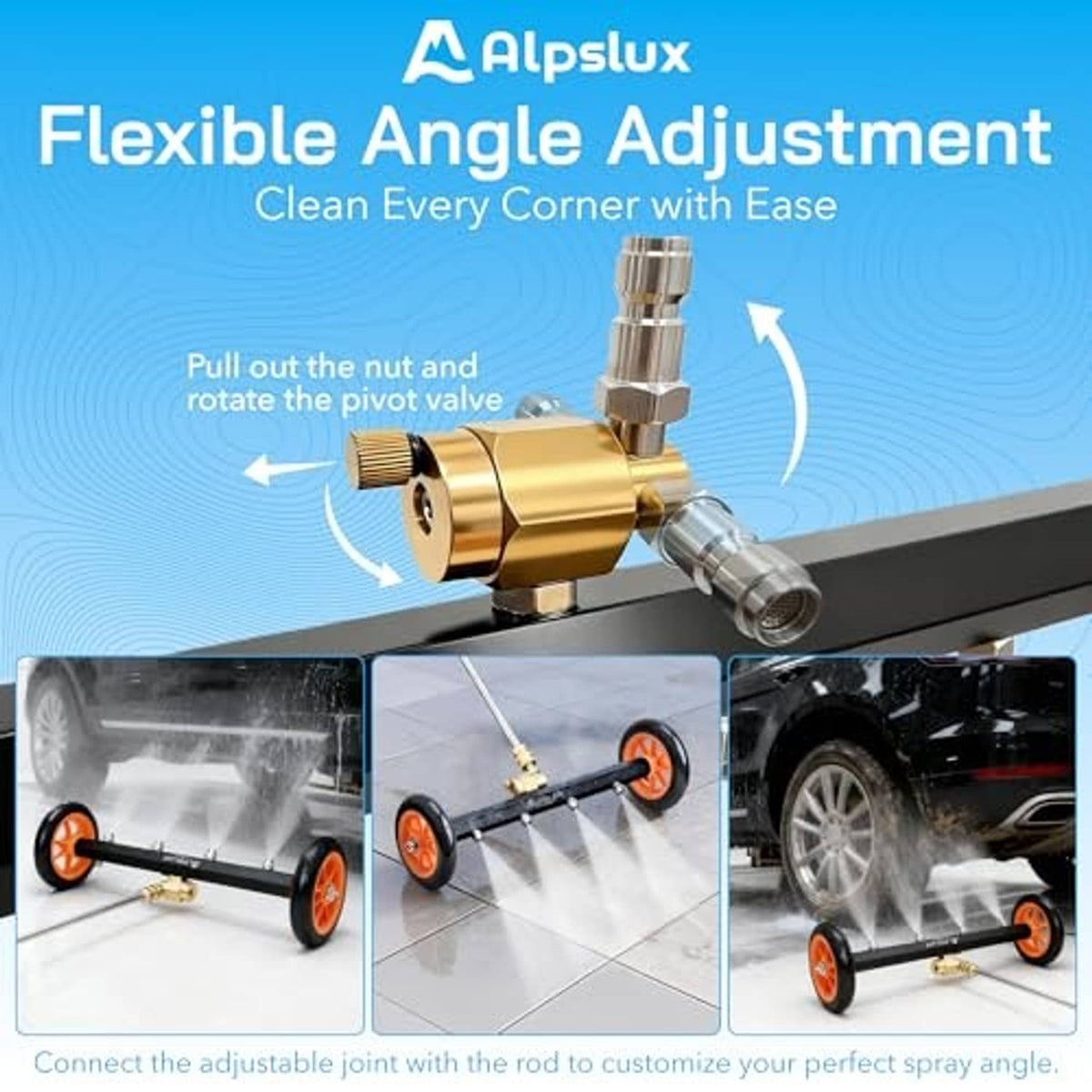 Adjustable pressure washer joint on undercarriage spray bar with brass valve fitting