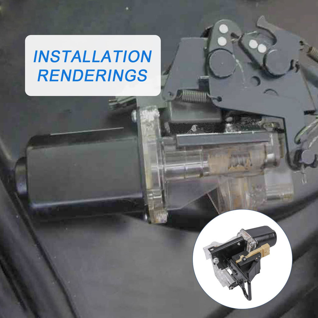Rear trunk pull-down motor housing with switch, close view of clear mechanism and black base