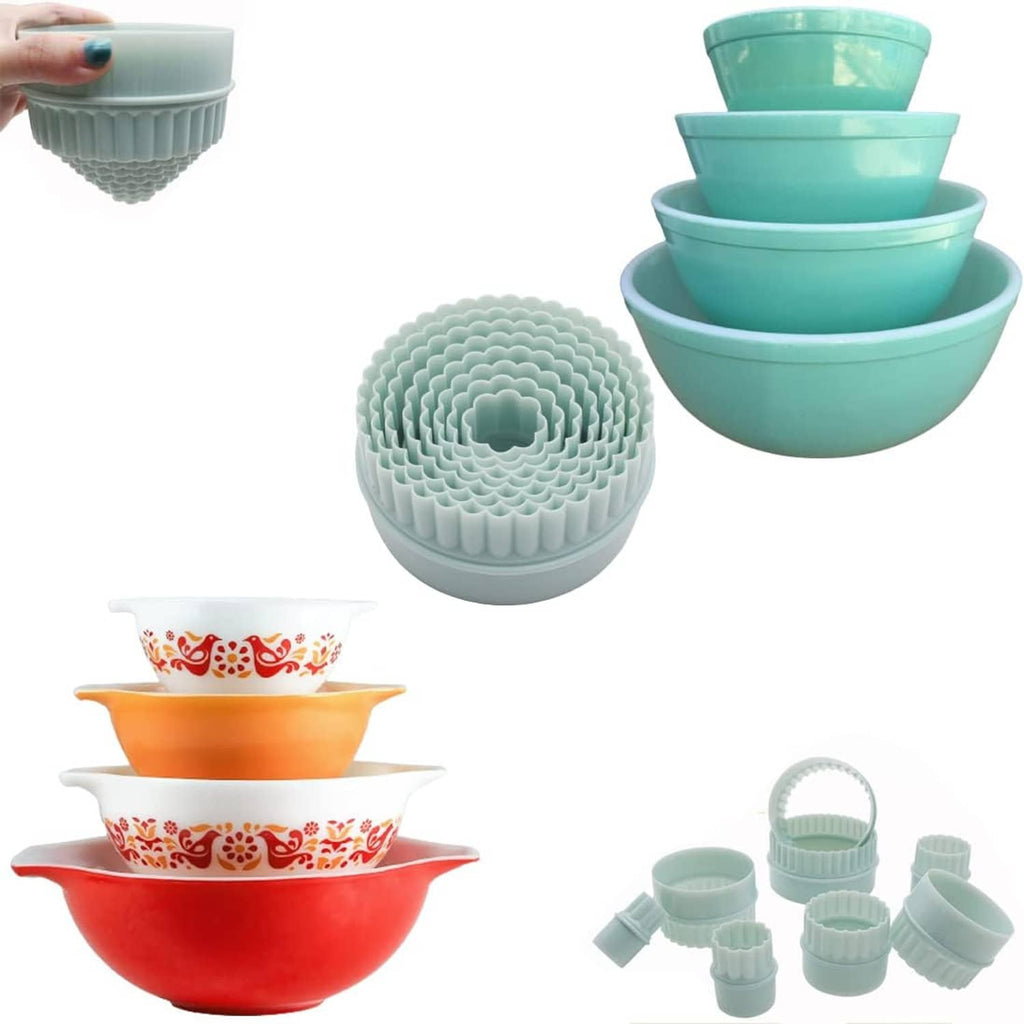 Set of 8 stackable scalloped bowl display risers in teal and light mint colors