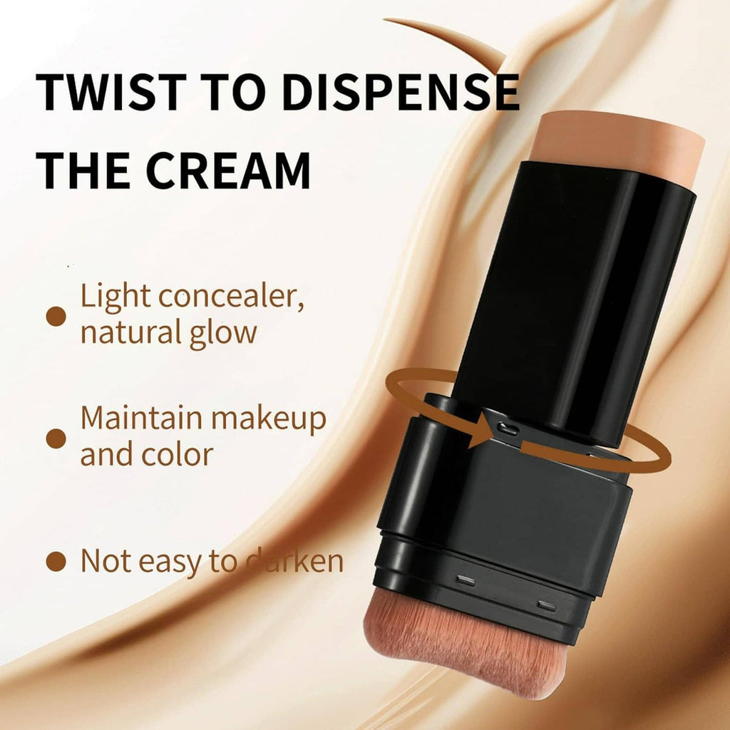 Black concealer foundation stick shown twisting to dispense cream with a brush