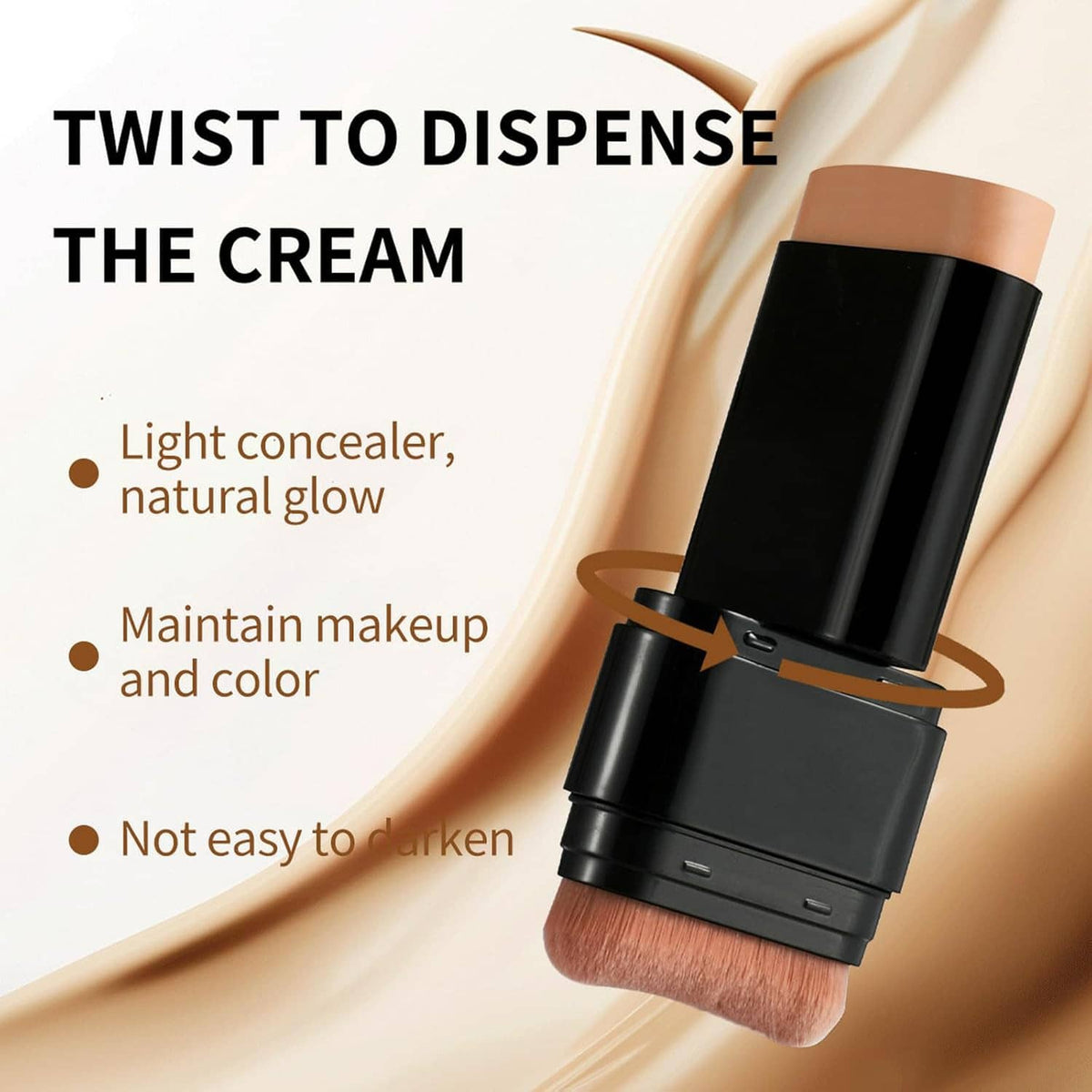 Black concealer foundation stick shown twisting to dispense cream with a brush