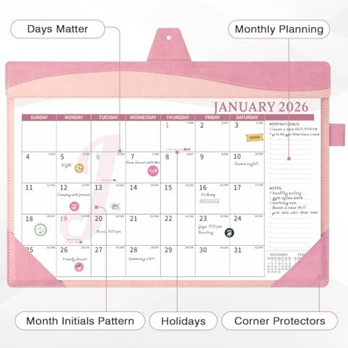 Pink desk calendar with calendar grid, notes section, and decorative sticker-like highlights