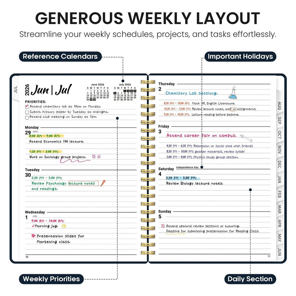 Weekly layout planner pages with daily section and important holidays blocks